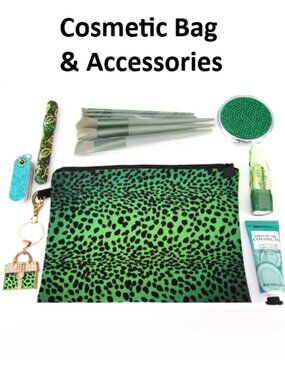 Green Leopard Cosmetic Bag Set with 7 accessories NEW